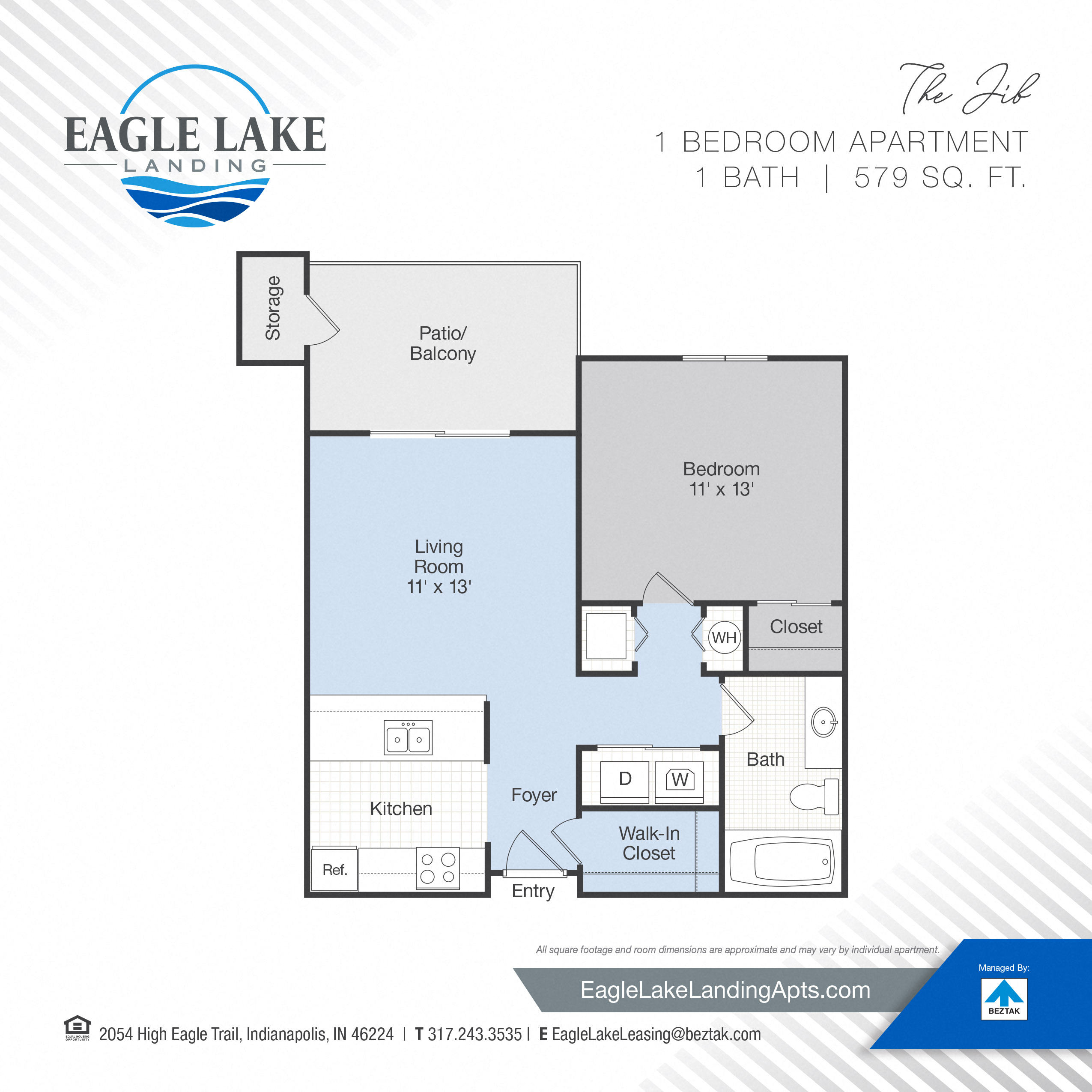 Floor plan for 1 bed, 1 bath, 579 sqft